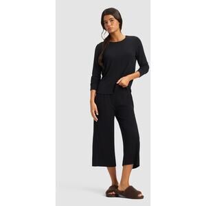 New Cozy Earth Womens Luxury Rib Knit Lounge Capri and Long Sleeve Top Black M